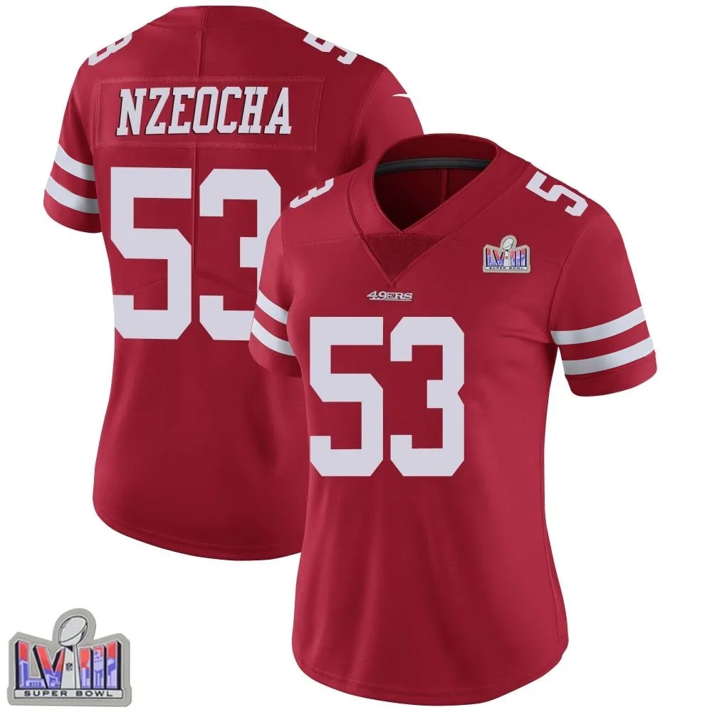 Women's San Francisco 49ers Mark Nzeocha Nike Team Color Vapor Untouchable Super Bowl LVIII Patch Limited Red Jersey Women's San Francisco 49ers Mark Nzeocha Nike Team Color Vapor Untouchable Super Bowl LVIII Patch Limited Red Jersey