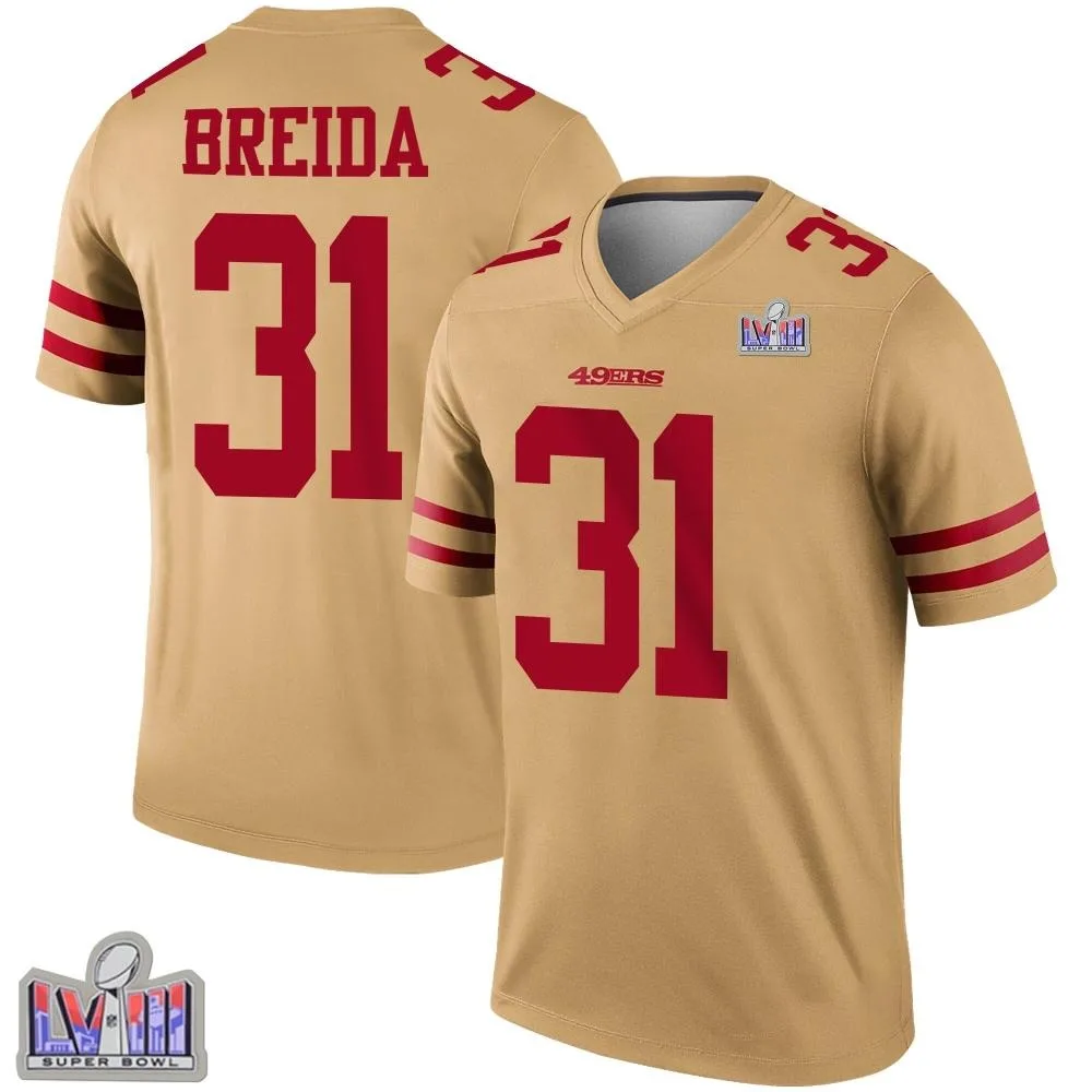 Men's San Francisco 49ers Matt Breida Nike Inverted Super Bowl LVIII Patch Legend Gold Jersey Men's San Francisco 49ers Matt Breida Nike Inverted Super Bowl LVIII Patch Legend Gold Jersey