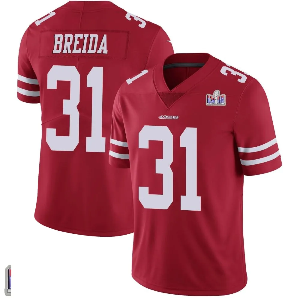 Men's San Francisco 49ers Matt Breida Nike Team Color Vapor Untouchable Super Bowl LVIII Patch Limited Red Jersey Men's San Francisco 49ers Matt Breida Nike Team Color Vapor Untouchable Super Bowl LVIII Patch Limited Red Jersey