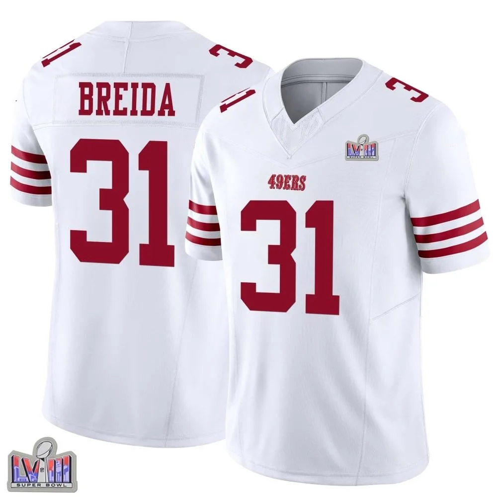 Men's San Francisco 49ers Matt Breida Nike Vapor F.U.S.E. Super Bowl LVIII Patch Limited White Jersey Men's San Francisco 49ers Matt Breida Nike Vapor F.U.S.E. Super Bowl LVIII Patch Limited White Jersey