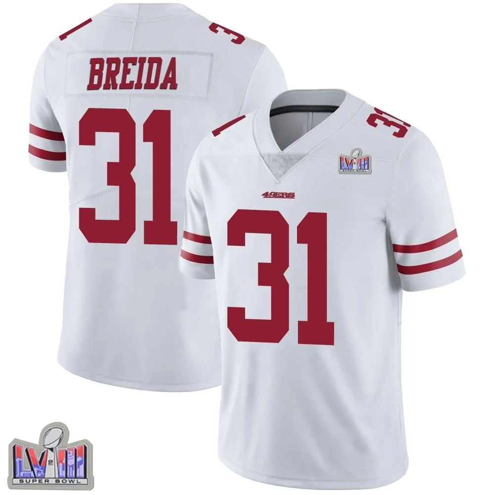 Men's San Francisco 49ers Matt Breida Nike Vapor Untouchable Super Bowl LVIII Patch Limited White Jersey Men's San Francisco 49ers Matt Breida Nike Vapor Untouchable Super Bowl LVIII Patch Limited White Jersey