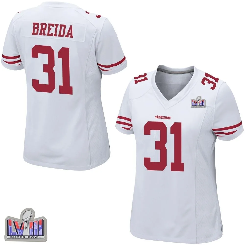Women's San Francisco 49ers Matt Breida Nike Super Bowl LVIII Patch Game White Jersey Women's San Francisco 49ers Matt Breida Nike Super Bowl LVIII Patch Game White Jersey