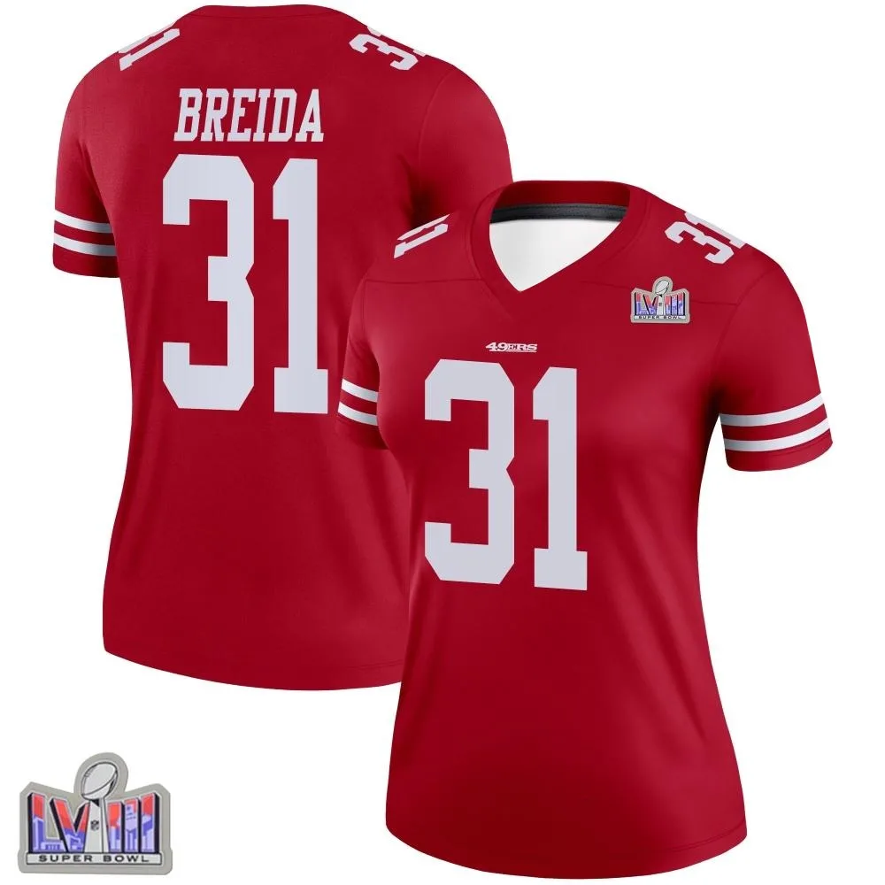 Women's San Francisco 49ers Matt Breida Nike Super Bowl LVIII Patch Legend Scarlet Jersey Women's San Francisco 49ers Matt Breida Nike Super Bowl LVIII Patch Legend Scarlet Jersey