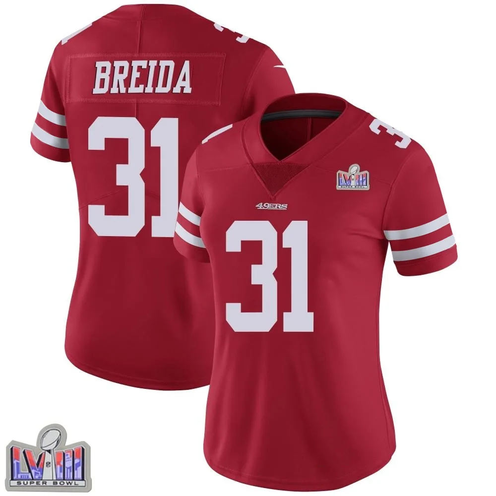 Women's San Francisco 49ers Matt Breida Nike Team Color Vapor Untouchable Super Bowl LVIII Patch Limited Red Jersey Women's San Francisco 49ers Matt Breida Nike Team Color Vapor Untouchable Super Bowl LVIII Patch Limited Red Jersey