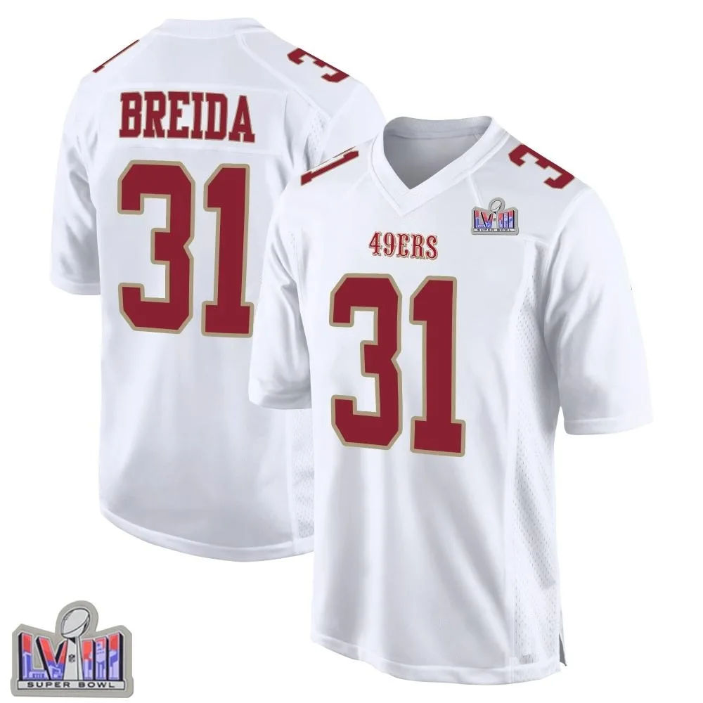 Youth San Francisco 49ers Matt Breida Nike Fashion Super Bowl LVIII Patch Game White Jersey Youth San Francisco 49ers Matt Breida Nike Fashion Super Bowl LVIII Patch Game White Jersey