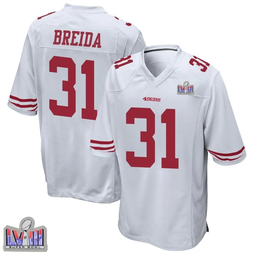 Youth San Francisco 49ers Matt Breida Nike Super Bowl LVIII Patch Game White Jersey Youth San Francisco 49ers Matt Breida Nike Super Bowl LVIII Patch Game White Jersey