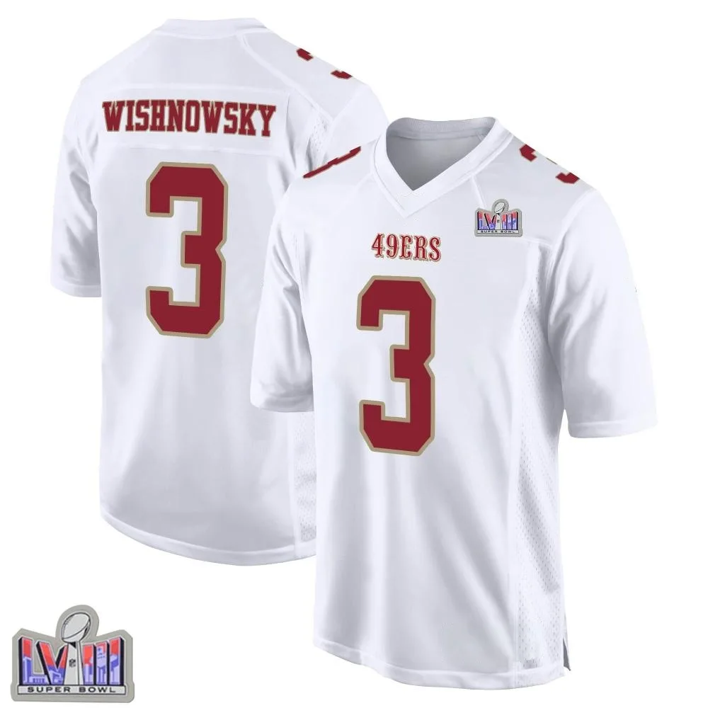Men's San Francisco 49ers Mitch Wishnowsky Nike Fashion Super Bowl LVIII Patch Game White Jersey Men's San Francisco 49ers Mitch Wishnowsky Nike Fashion Super Bowl LVIII Patch Game White Jersey