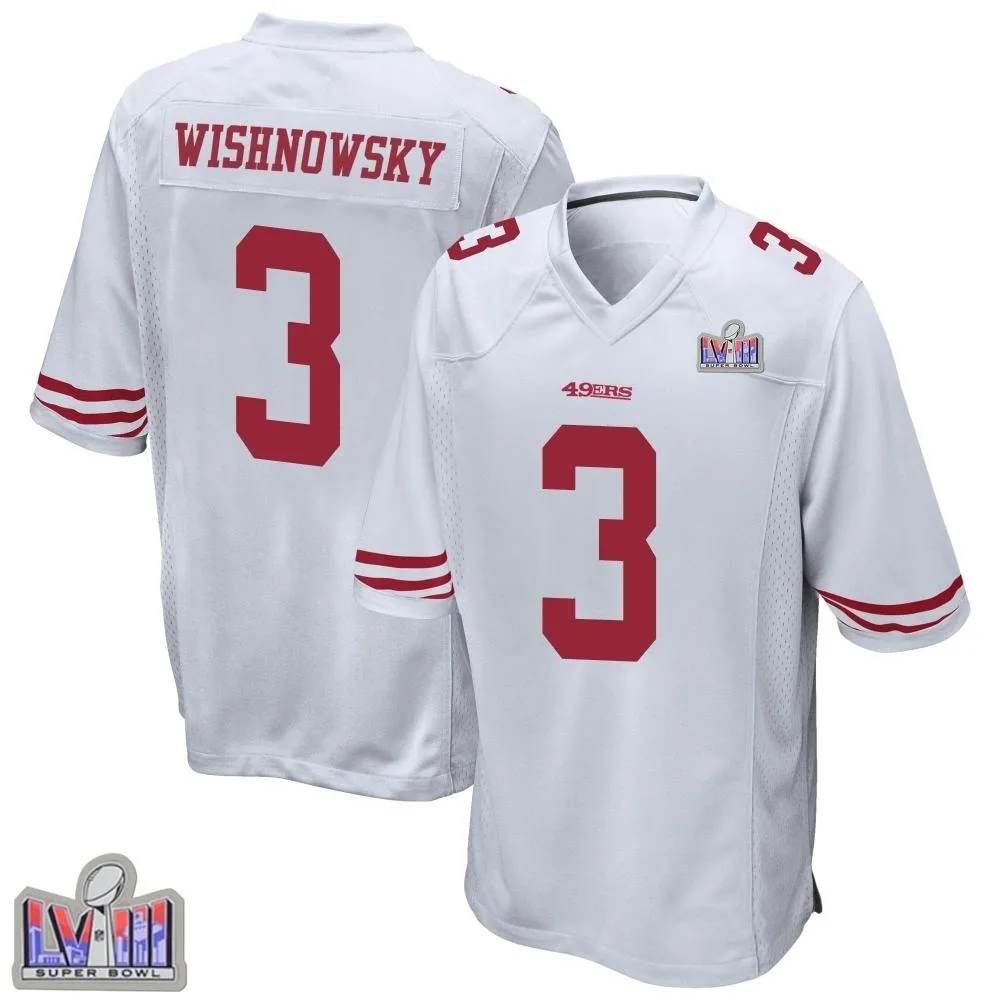 Men's San Francisco 49ers Mitch Wishnowsky Nike Super Bowl LVIII Patch Game White Jersey Men's San Francisco 49ers Mitch Wishnowsky Nike Super Bowl LVIII Patch Game White Jersey