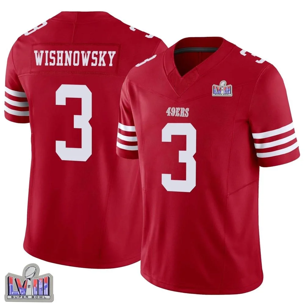 Men's San Francisco 49ers Mitch Wishnowsky Nike Vapor F.U.S.E. Super Bowl LVIII Patch Limited Scarlet Jersey Men's San Francisco 49ers Mitch Wishnowsky Nike Vapor F.U.S.E. Super Bowl LVIII Patch Limited Scarlet Jersey