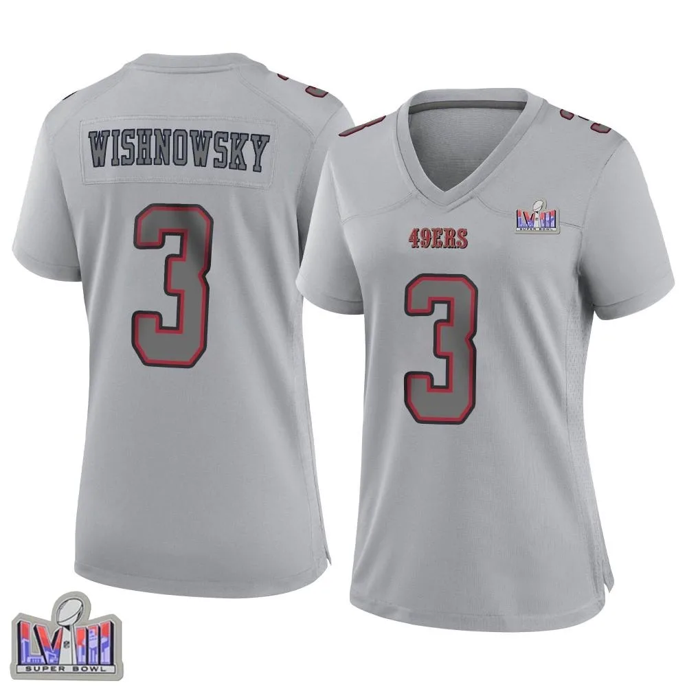 Women's San Francisco 49ers Mitch Wishnowsky Nike Atmosphere Fashion Super Bowl LVIII Patch Game Gray Jersey Women's San Francisco 49ers Mitch Wishnowsky Nike Atmosphere Fashion Super Bowl LVIII Patch Game Gray Jersey