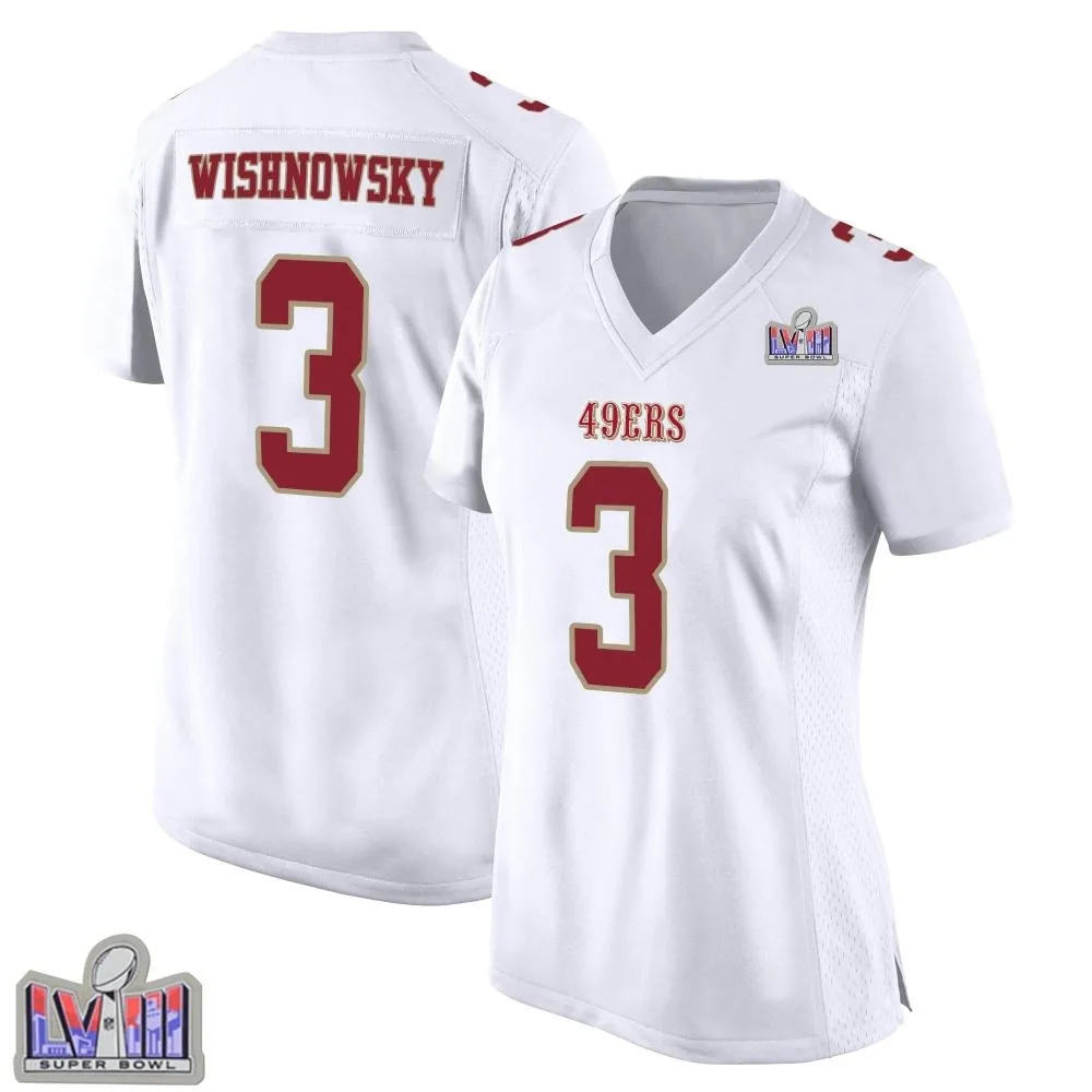 Women's San Francisco 49ers Mitch Wishnowsky Nike Fashion Super Bowl LVIII Patch Game White Jersey Women's San Francisco 49ers Mitch Wishnowsky Nike Fashion Super Bowl LVIII Patch Game White Jersey