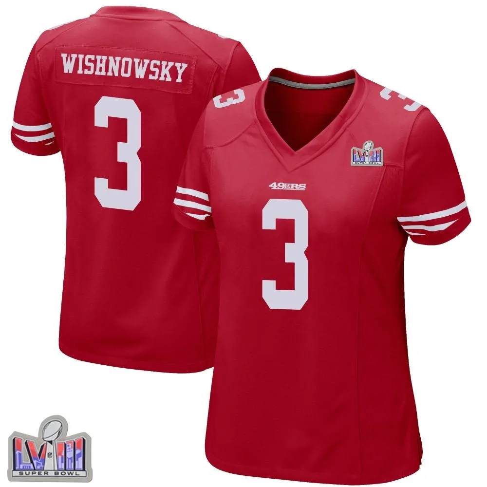 Women's San Francisco 49ers Mitch Wishnowsky Nike Team Color Super Bowl LVIII Patch Game Red Jersey Women's San Francisco 49ers Mitch Wishnowsky Nike Team Color Super Bowl LVIII Patch Game Red Jersey
