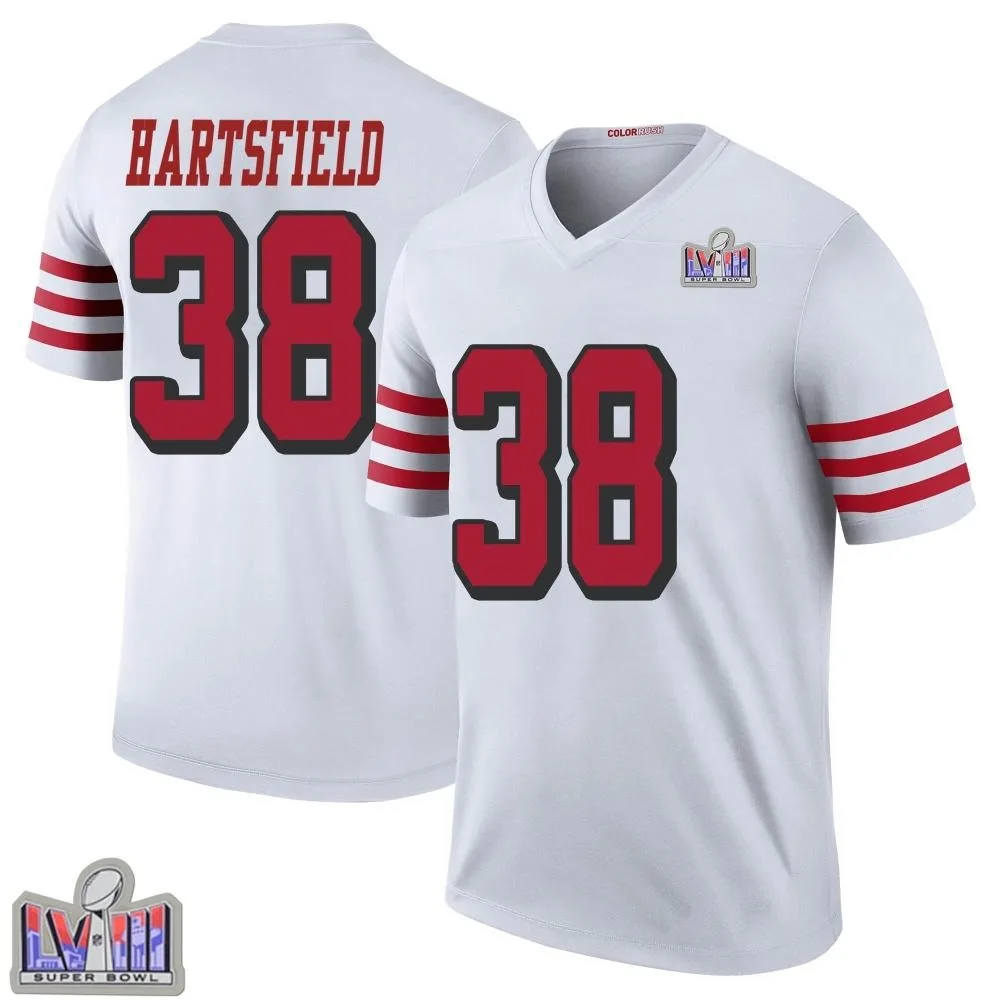 Men's San Francisco 49ers Myles Hartsfield Nike Color Rush Super Bowl LVIII Patch Legend White Jersey Men's San Francisco 49ers Myles Hartsfield Nike Color Rush Super Bowl LVIII Patch Legend White Jersey