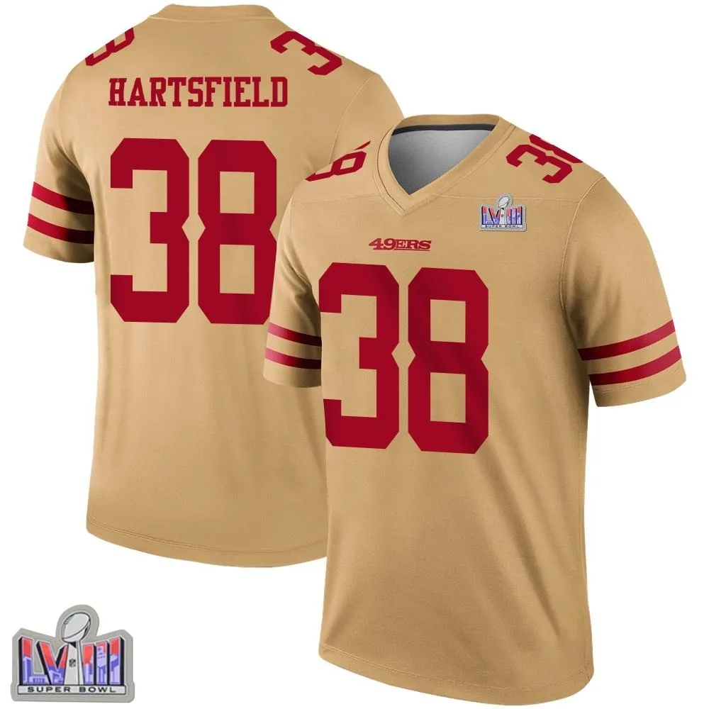 Men's San Francisco 49ers Myles Hartsfield Nike Inverted Super Bowl LVIII Patch Legend Gold Jersey Men's San Francisco 49ers Myles Hartsfield Nike Inverted Super Bowl LVIII Patch Legend Gold Jersey