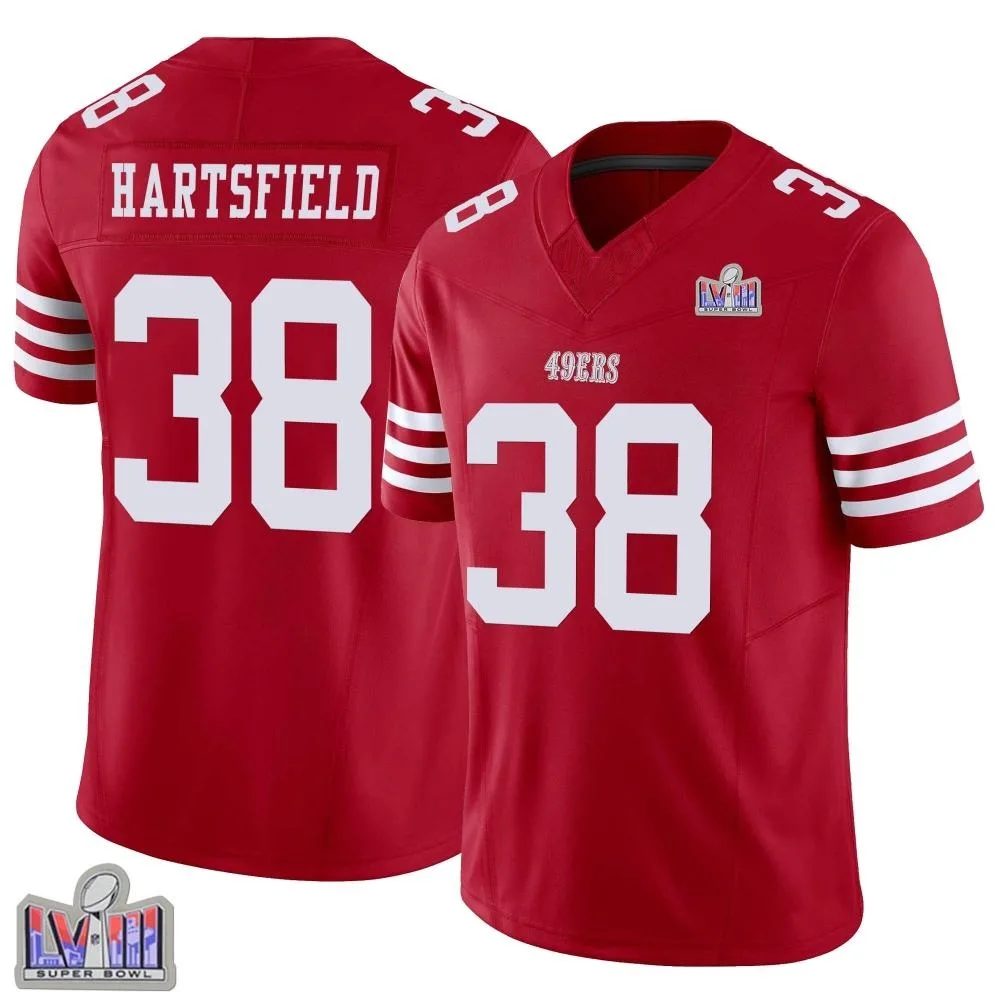 Men's San Francisco 49ers Myles Hartsfield Nike Vapor F.U.S.E. Super Bowl LVIII Patch Limited Scarlet Jersey Men's San Francisco 49ers Myles Hartsfield Nike Vapor F.U.S.E. Super Bowl LVIII Patch Limited Scarlet Jersey