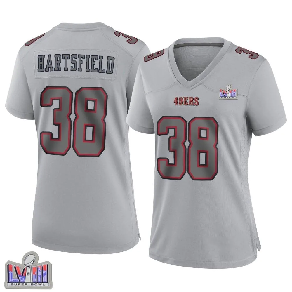 Women's San Francisco 49ers Myles Hartsfield Nike Atmosphere Fashion Super Bowl LVIII Patch Game Gray Jersey Women's San Francisco 49ers Myles Hartsfield Nike Atmosphere Fashion Super Bowl LVIII Patch Game Gray Jersey