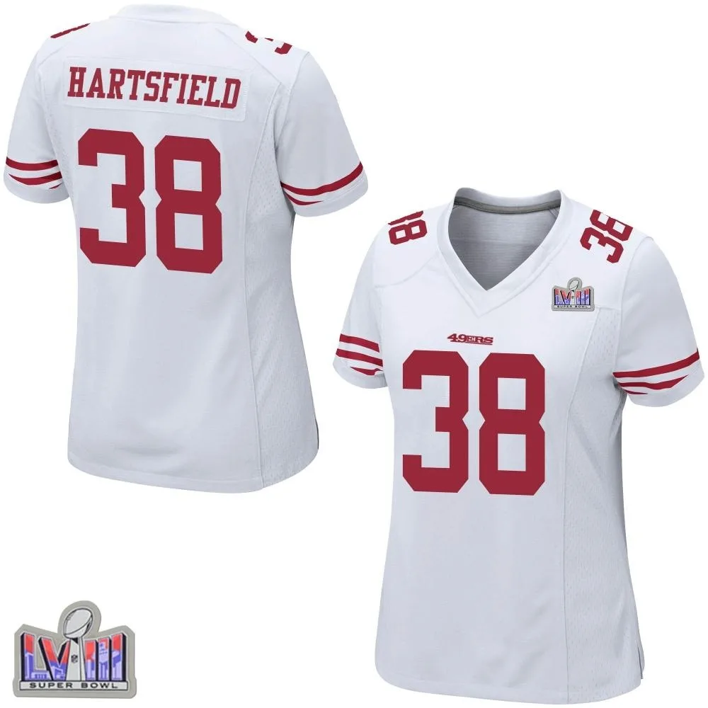 Women's San Francisco 49ers Myles Hartsfield Nike Super Bowl LVIII Patch Game White Jersey Women's San Francisco 49ers Myles Hartsfield Nike Super Bowl LVIII Patch Game White Jersey