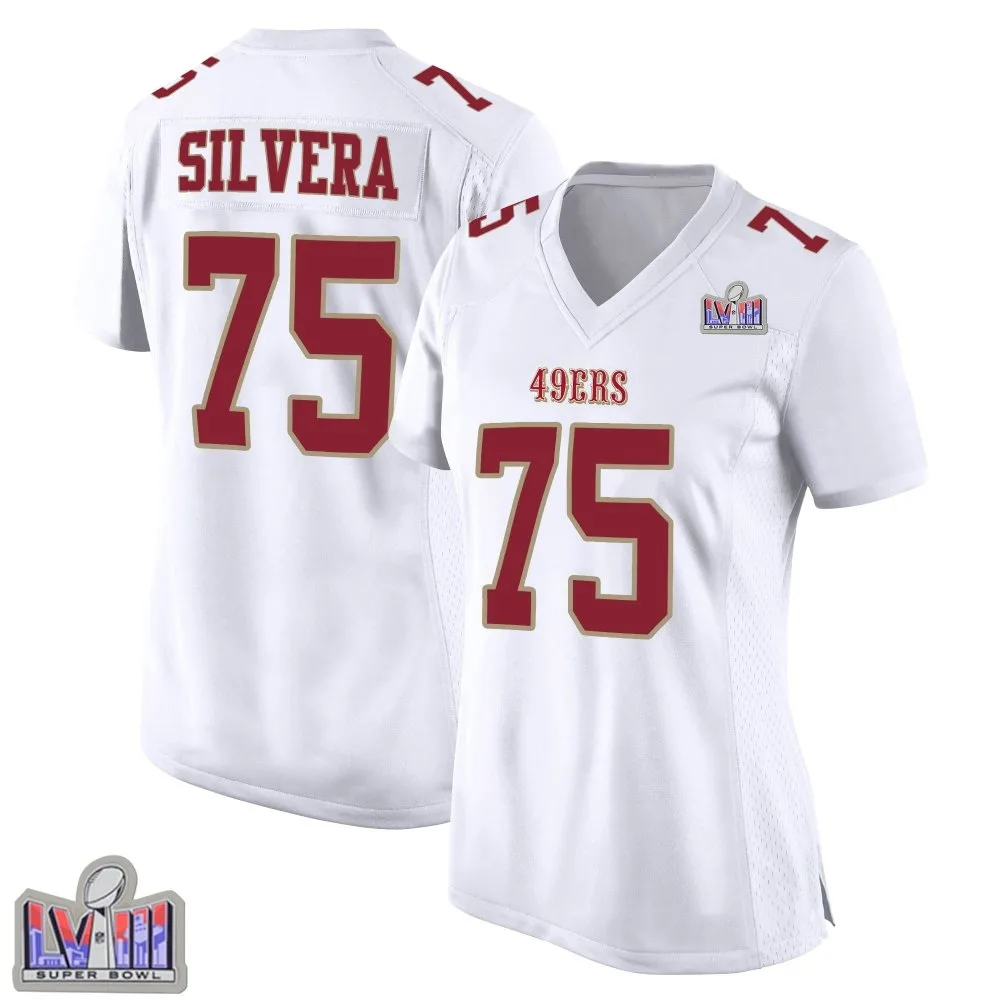 Women's San Francisco 49ers Nesta Jade Silvera Nike Fashion Super Bowl LVIII Patch Game White Jersey Women's San Francisco 49ers Nesta Jade Silvera Nike Fashion Super Bowl LVIII Patch Game White Jersey