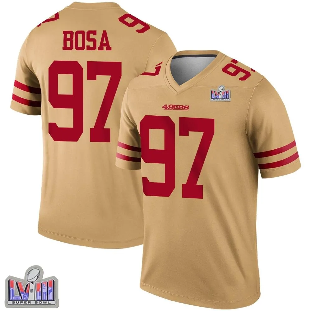 Men's San Francisco 49ers Nick Bosa Nike Inverted Super Bowl LVIII Patch Legend Gold Jersey Men's San Francisco 49ers Nick Bosa Nike Inverted Super Bowl LVIII Patch Legend Gold Jersey