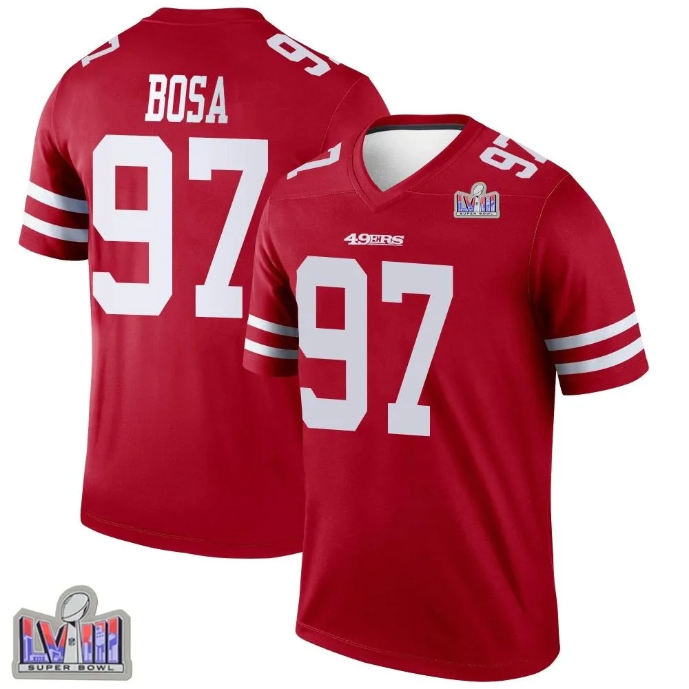Men's San Francisco 49ers Nick Bosa Nike Super Bowl LVIII Patch Legend Scarlet Jersey Men's San Francisco 49ers Nick Bosa Nike Super Bowl LVIII Patch Legend Scarlet Jersey
