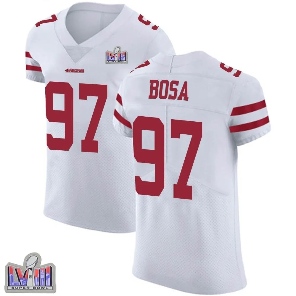 Men's San Francisco 49ers Nick Bosa Nike Vapor Untouchable Super Bowl LVIII Patch Elite White Jersey Men's San Francisco 49ers Nick Bosa Nike Vapor Untouchable Super Bowl LVIII Patch Elite White Jersey