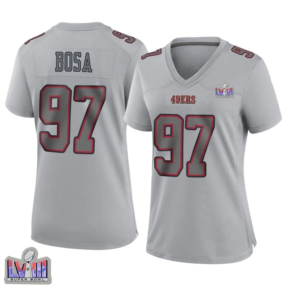 Women's San Francisco 49ers Nick Bosa Nike Atmosphere Fashion Super Bowl LVIII Patch Game Gray Jersey Women's San Francisco 49ers Nick Bosa Nike Atmosphere Fashion Super Bowl LVIII Patch Game Gray Jersey