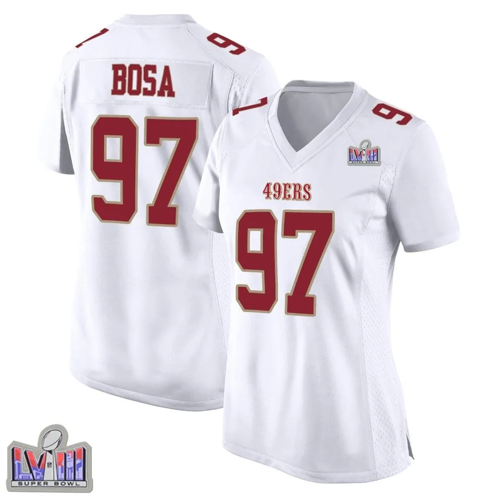 Women's San Francisco 49ers Nick Bosa Nike Fashion Super Bowl LVIII Patch Game White Jersey Women's San Francisco 49ers Nick Bosa Nike Fashion Super Bowl LVIII Patch Game White Jersey