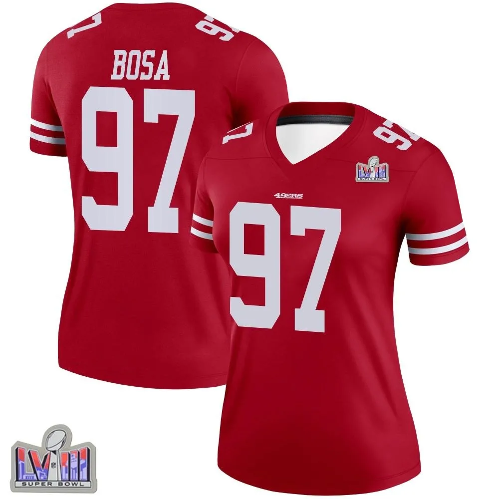 Women's San Francisco 49ers Nick Bosa Nike Super Bowl LVIII Patch Legend Scarlet Jersey Women's San Francisco 49ers Nick Bosa Nike Super Bowl LVIII Patch Legend Scarlet Jersey