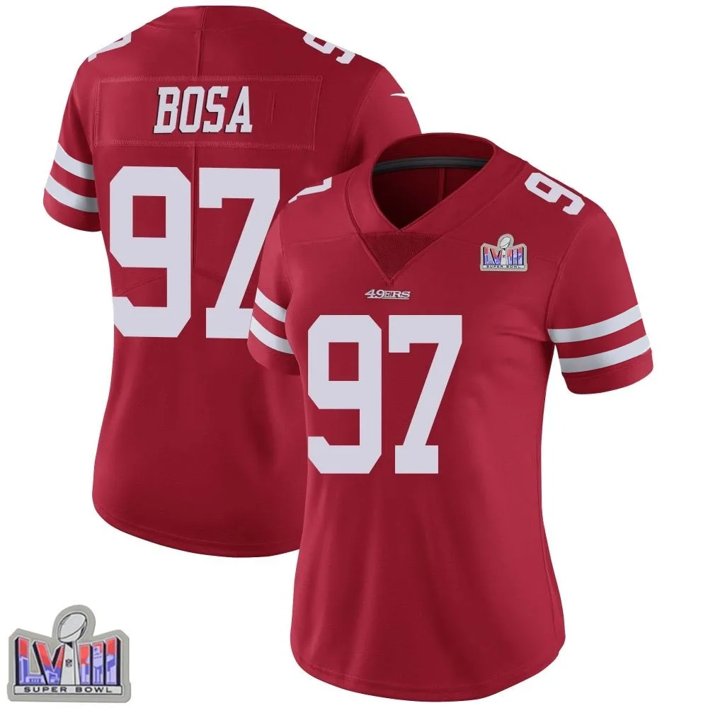 Women's San Francisco 49ers Nick Bosa Nike Team Color Vapor Untouchable Super Bowl LVIII Patch Limited Red Jersey Women's San Francisco 49ers Nick Bosa Nike Team Color Vapor Untouchable Super Bowl LVIII Patch Limited Red Jersey