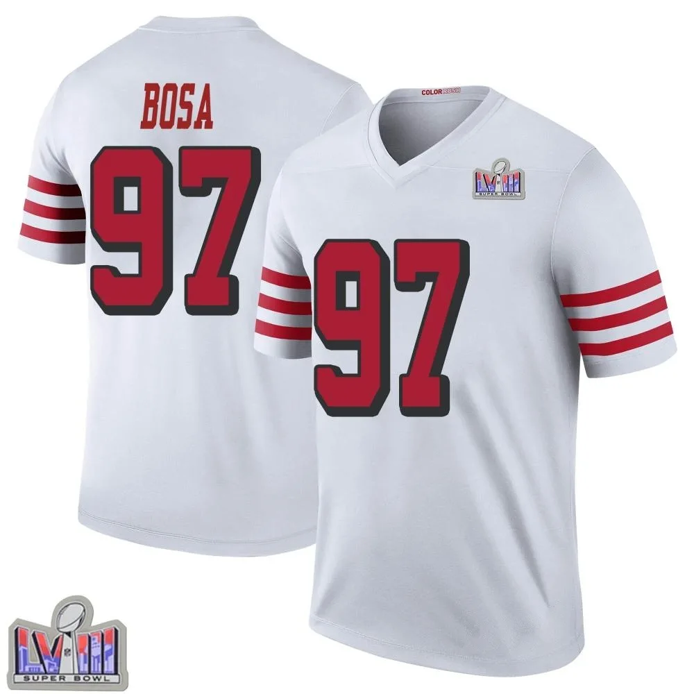 Youth San Francisco 49ers Nick Bosa Nike Color Rush Super Bowl LVIII Patch Legend White Jersey Youth San Francisco 49ers Nick Bosa Nike Color Rush Super Bowl LVIII Patch Legend White Jersey