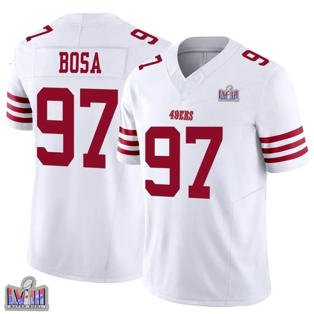 Youth San Francisco 49ers Nick Bosa Nike Vapor F.U.S.E. Super Bowl LVIII Patch Limited White Jersey Youth San Francisco 49ers Nick Bosa Nike Vapor F.U.S.E. Super Bowl LVIII Patch Limited White Jersey