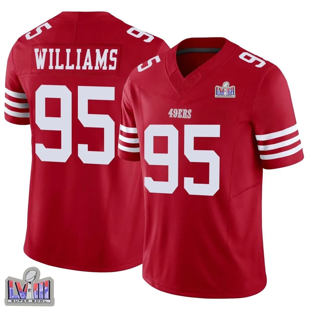 Men's San Francisco 49ers Nick Williams Nike Vapor F.U.S.E. Super Bowl LVIII Patch Limited Scarlet Jersey Men's San Francisco 49ers Nick Williams Nike Vapor F.U.S.E. Super Bowl LVIII Patch Limited Scarlet Jersey