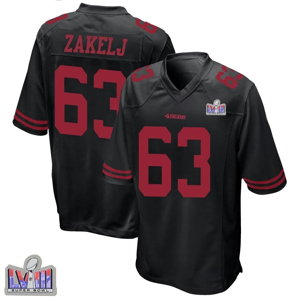 Men's San Francisco 49ers Nick Zakelj Nike Alternate Super Bowl LVIII Patch Game Black Jersey Men's San Francisco 49ers Nick Zakelj Nike Alternate Super Bowl LVIII Patch Game Black Jersey