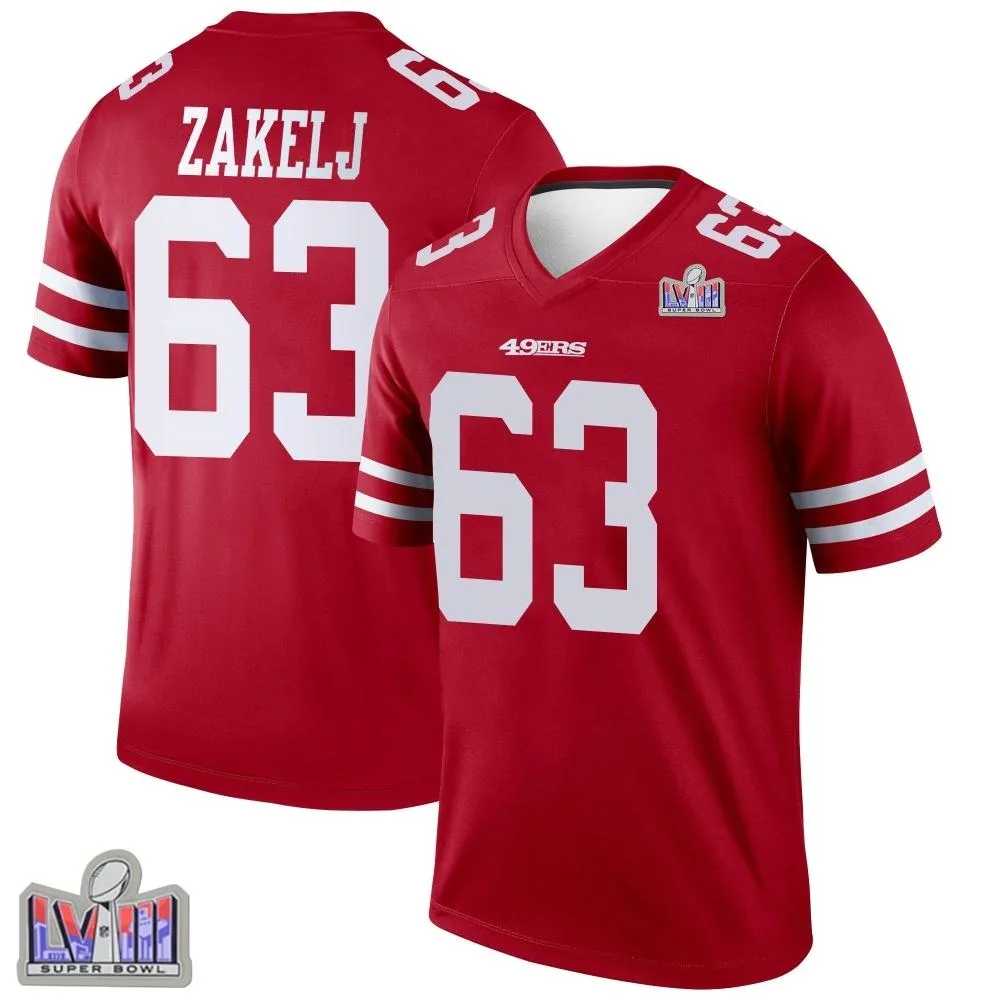 Men's San Francisco 49ers Nick Zakelj Nike Super Bowl LVIII Patch Legend Scarlet Jersey Men's San Francisco 49ers Nick Zakelj Nike Super Bowl LVIII Patch Legend Scarlet Jersey