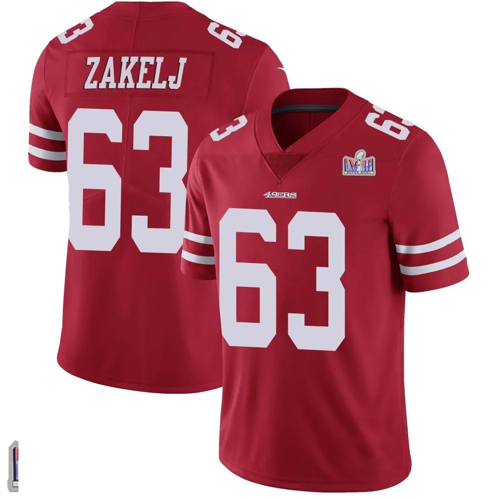 Men's San Francisco 49ers Nick Zakelj Nike Team Color Vapor Untouchable Super Bowl LVIII Patch Limited Red Jersey Men's San Francisco 49ers Nick Zakelj Nike Team Color Vapor Untouchable Super Bowl LVIII Patch Limited Red Jersey