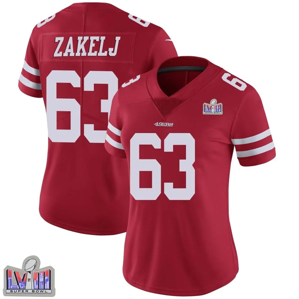 Women's San Francisco 49ers Nick Zakelj Nike Team Color Vapor Untouchable Super Bowl LVIII Patch Limited Red Jersey Women's San Francisco 49ers Nick Zakelj Nike Team Color Vapor Untouchable Super Bowl LVIII Patch Limited Red Jersey