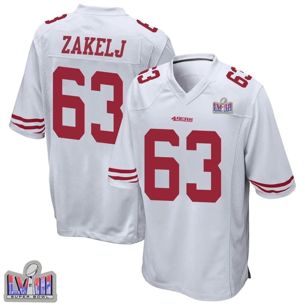 Youth San Francisco 49ers Nick Zakelj Nike Super Bowl LVIII Patch Game White Jersey Youth San Francisco 49ers Nick Zakelj Nike Super Bowl LVIII Patch Game White Jersey