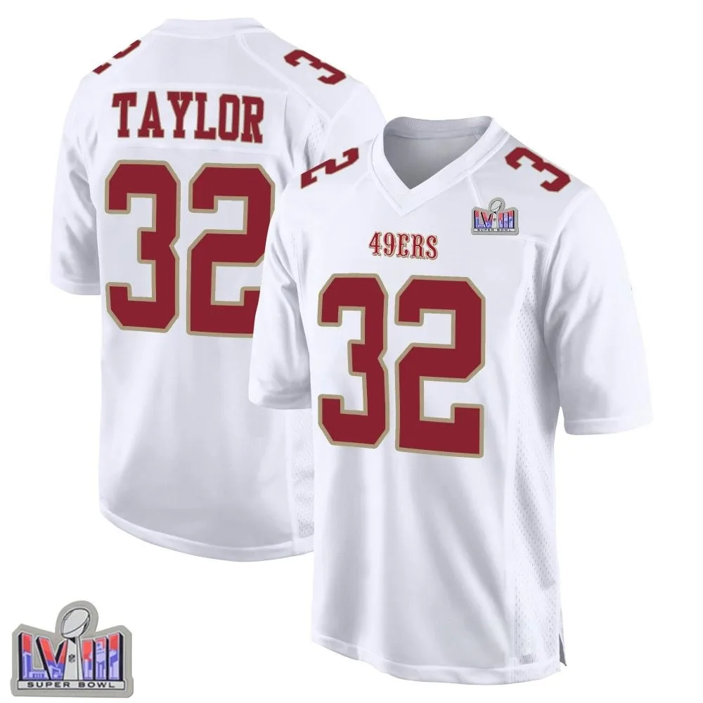Men's San Francisco 49ers Patrick Taylor Jr. Nike Fashion Super Bowl LVIII Patch Game White Jersey Men's San Francisco 49ers Patrick Taylor Jr. Nike Fashion Super Bowl LVIII Patch Game White Jersey