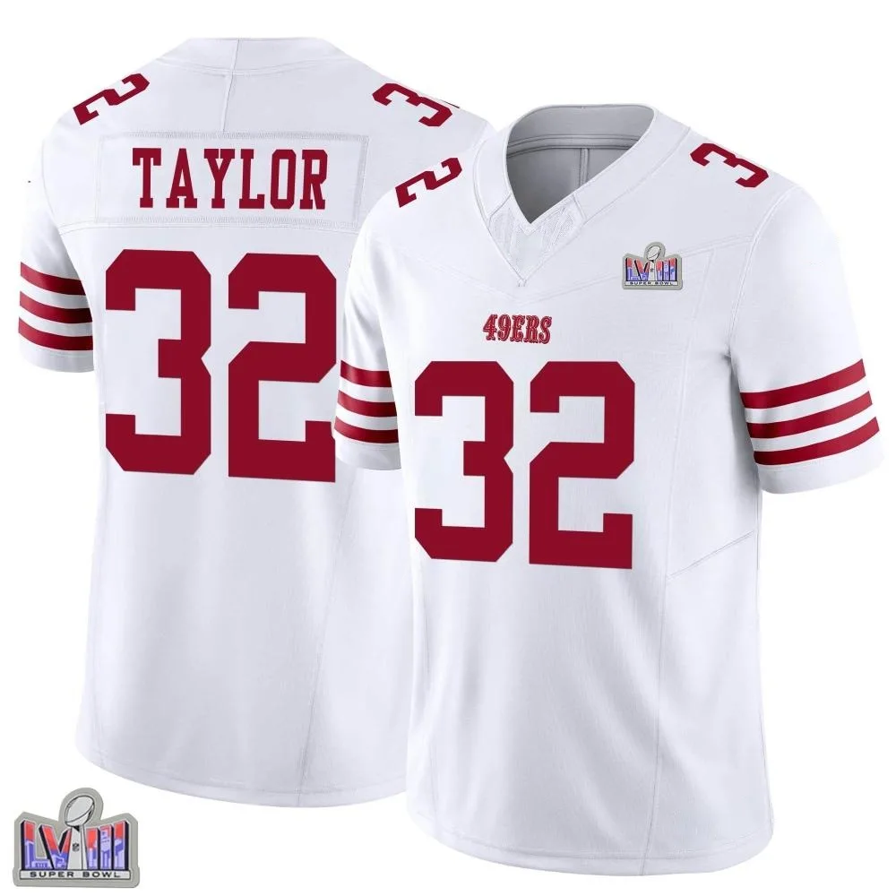 Men's San Francisco 49ers Patrick Taylor Jr. Nike Vapor F.U.S.E. Super Bowl LVIII Patch Limited White Jersey Men's San Francisco 49ers Patrick Taylor Jr. Nike Vapor F.U.S.E. Super Bowl LVIII Patch Limited White Jersey