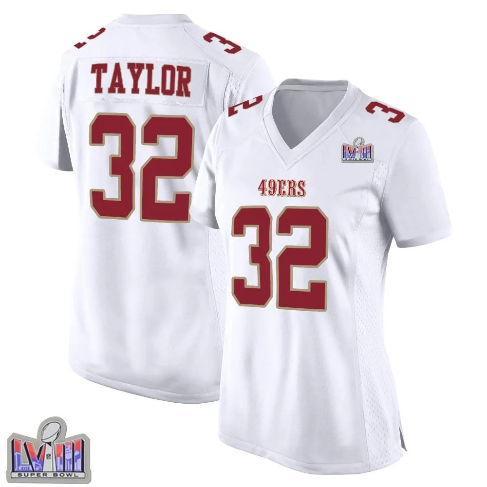 Women's San Francisco 49ers Patrick Taylor Jr. Nike Fashion Super Bowl LVIII Patch Game White Jersey Women's San Francisco 49ers Patrick Taylor Jr. Nike Fashion Super Bowl LVIII Patch Game White Jersey