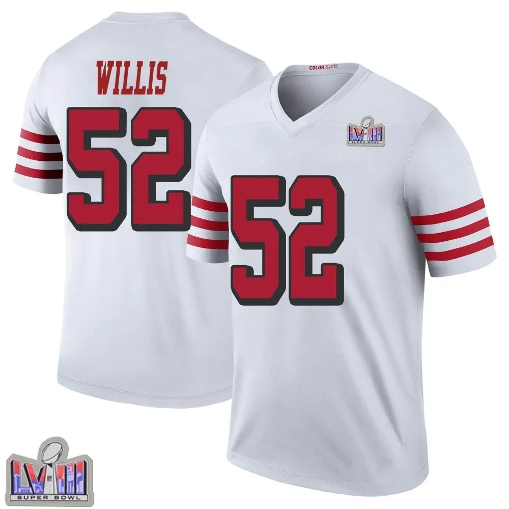 Men's San Francisco 49ers Patrick Willis Nike Color Rush Super Bowl LVIII Patch Legend White Jersey Men's San Francisco 49ers Patrick Willis Nike Color Rush Super Bowl LVIII Patch Legend White Jersey