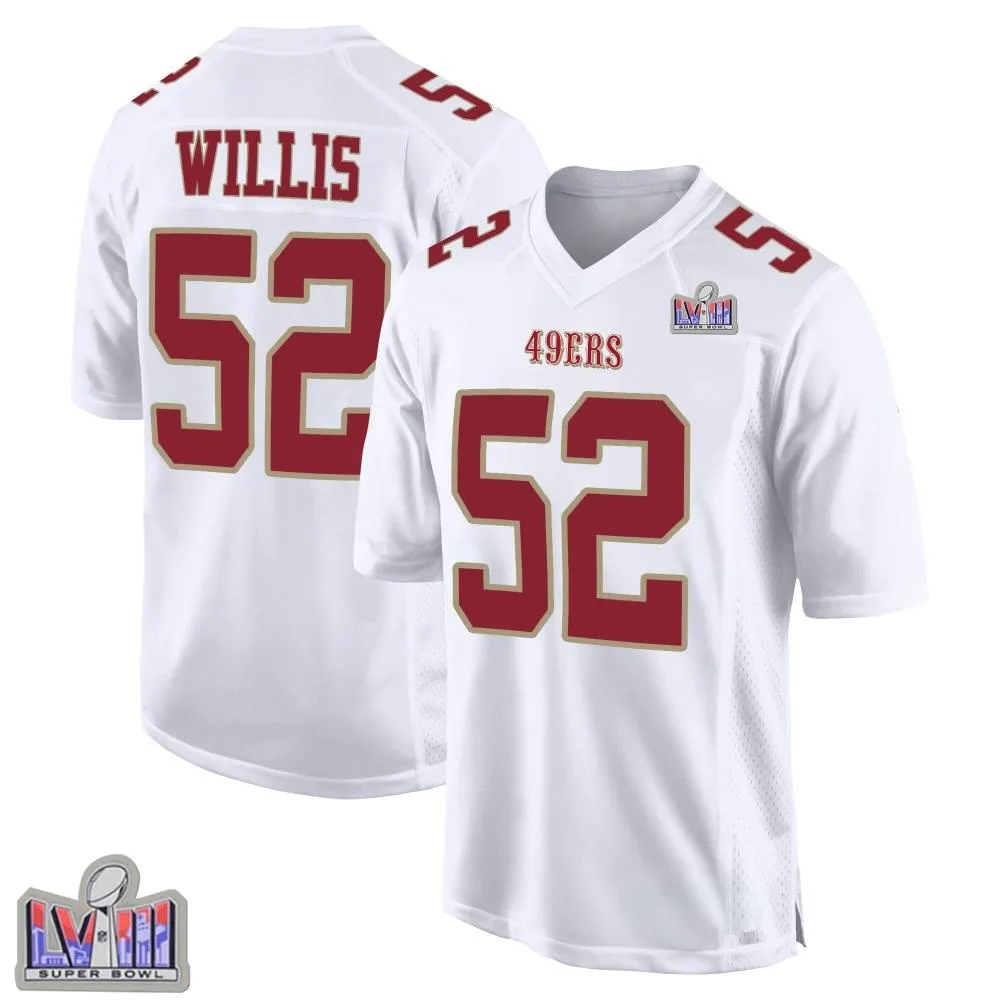 Men's San Francisco 49ers Patrick Willis Nike Fashion Super Bowl LVIII Patch Game White Jersey Men's San Francisco 49ers Patrick Willis Nike Fashion Super Bowl LVIII Patch Game White Jersey