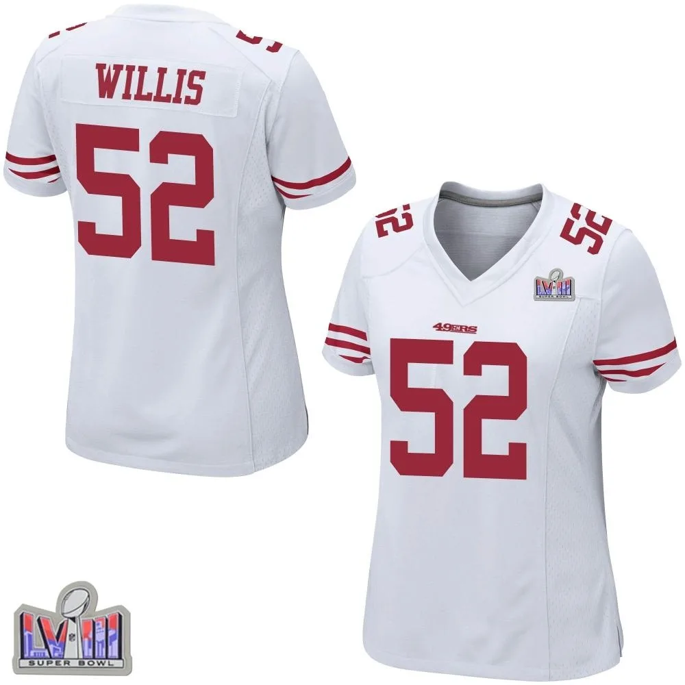 Women's San Francisco 49ers Patrick Willis Nike Super Bowl LVIII Patch Game White Jersey Women's San Francisco 49ers Patrick Willis Nike Super Bowl LVIII Patch Game White Jersey
