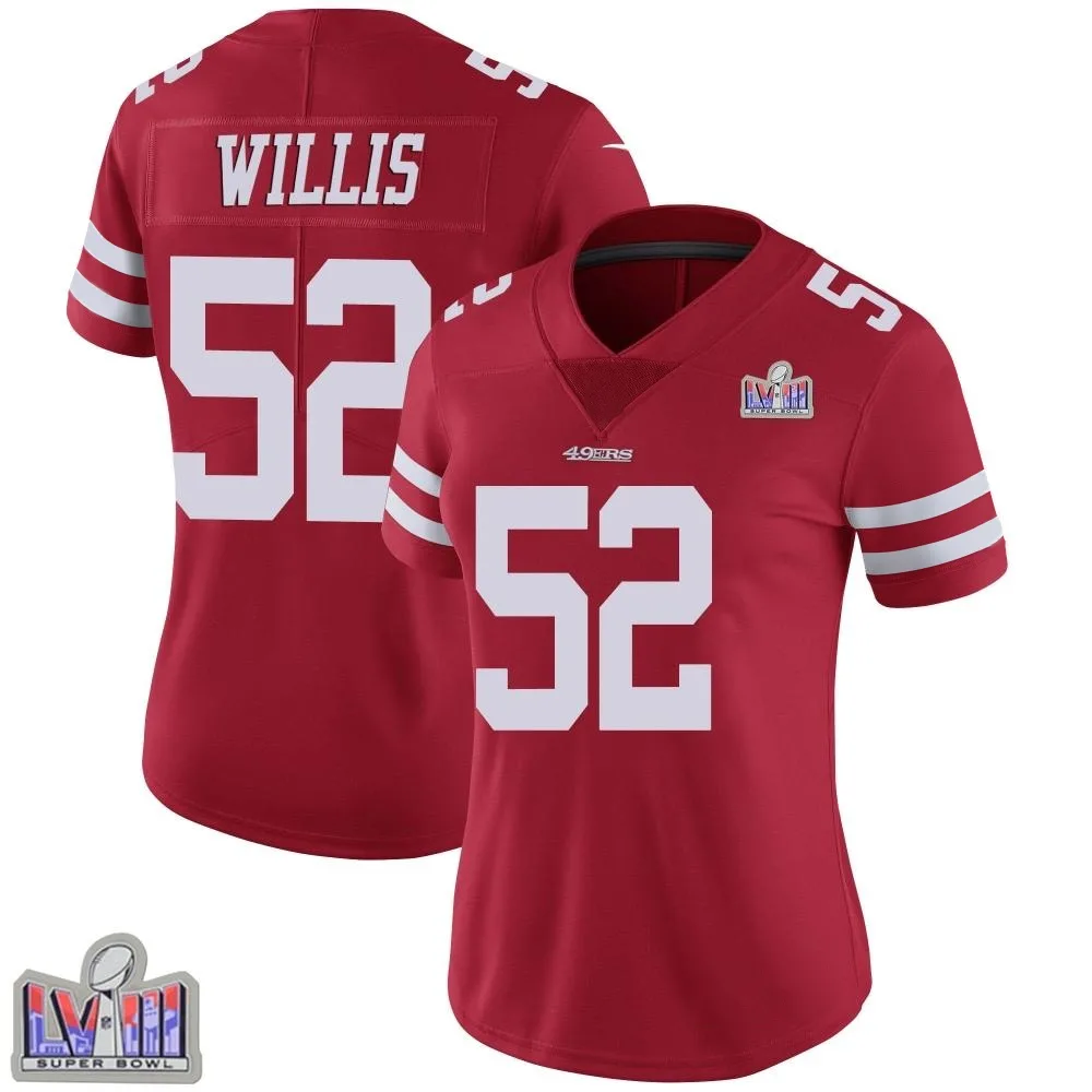 Women's San Francisco 49ers Patrick Willis Nike Team Color Vapor Untouchable Super Bowl LVIII Patch Limited Red Jersey Women's San Francisco 49ers Patrick Willis Nike Team Color Vapor Untouchable Super Bowl LVIII Patch Limited Red Jersey