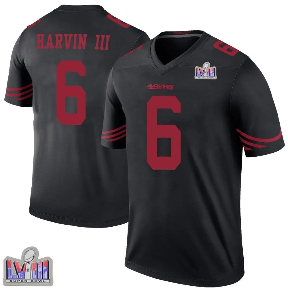 Men's San Francisco 49ers Pressley Harvin Iii Nike Color Rush Super Bowl LVIII Patch Legend Black Jersey Men's San Francisco 49ers Pressley Harvin Iii Nike Color Rush Super Bowl LVIII Patch Legend Black Jersey