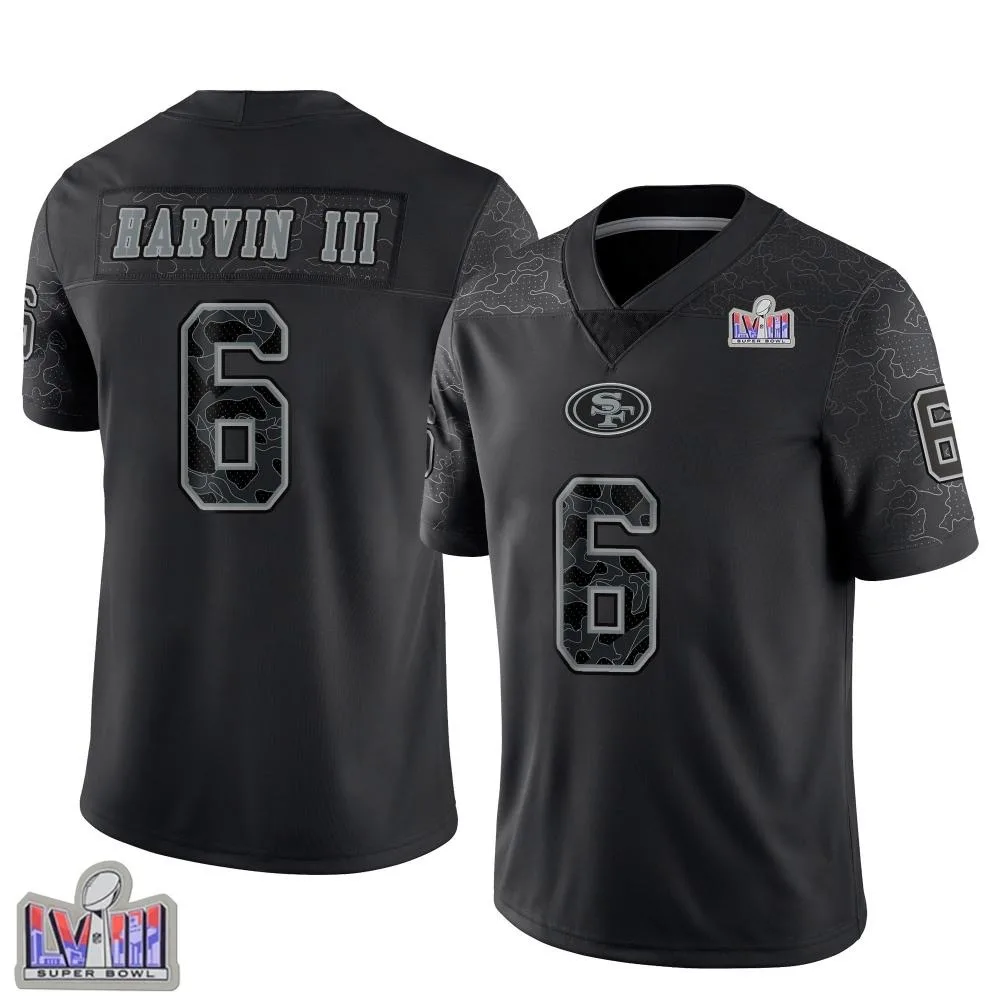 Men's San Francisco 49ers Pressley Harvin Iii Nike Reflective Super Bowl LVIII Patch Limited Black Jersey Men's San Francisco 49ers Pressley Harvin Iii Nike Reflective Super Bowl LVIII Patch Limited Black Jersey