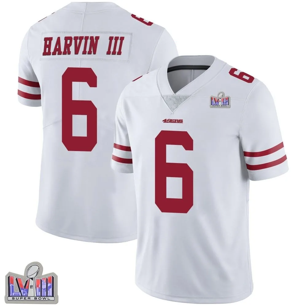 Men's San Francisco 49ers Pressley Harvin Iii Nike Vapor Untouchable Super Bowl LVIII Patch Limited White Jersey Men's San Francisco 49ers Pressley Harvin Iii Nike Vapor Untouchable Super Bowl LVIII Patch Limited White Jersey