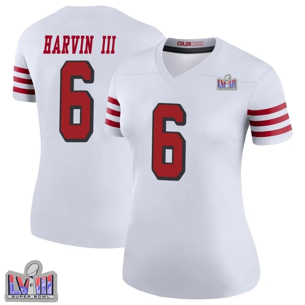Women's San Francisco 49ers Pressley Harvin Iii Nike Color Rush Super Bowl LVIII Patch Legend White Jersey Women's San Francisco 49ers Pressley Harvin Iii Nike Color Rush Super Bowl LVIII Patch Legend White Jersey