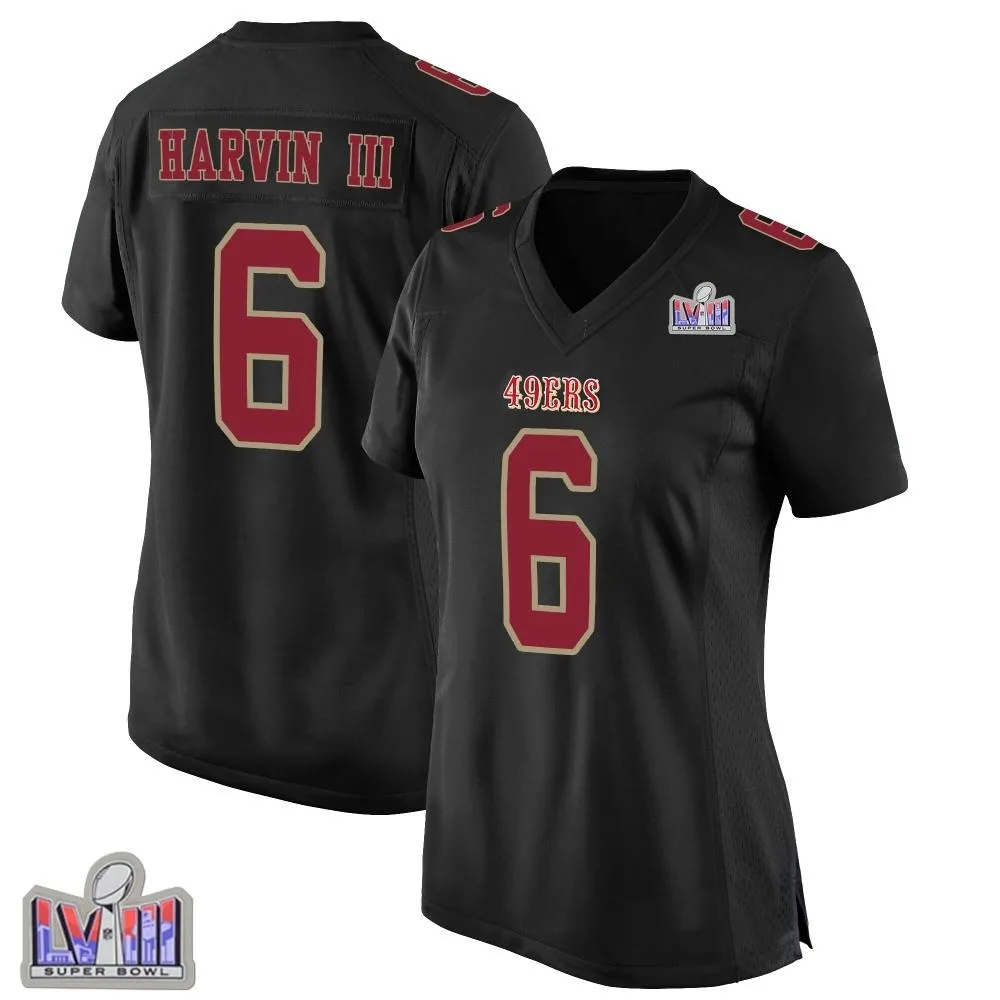 Women's San Francisco 49ers Pressley Harvin Iii Nike Fashion Super Bowl LVIII Patch Game Black Jersey Women's San Francisco 49ers Pressley Harvin Iii Nike Fashion Super Bowl LVIII Patch Game Black Jersey