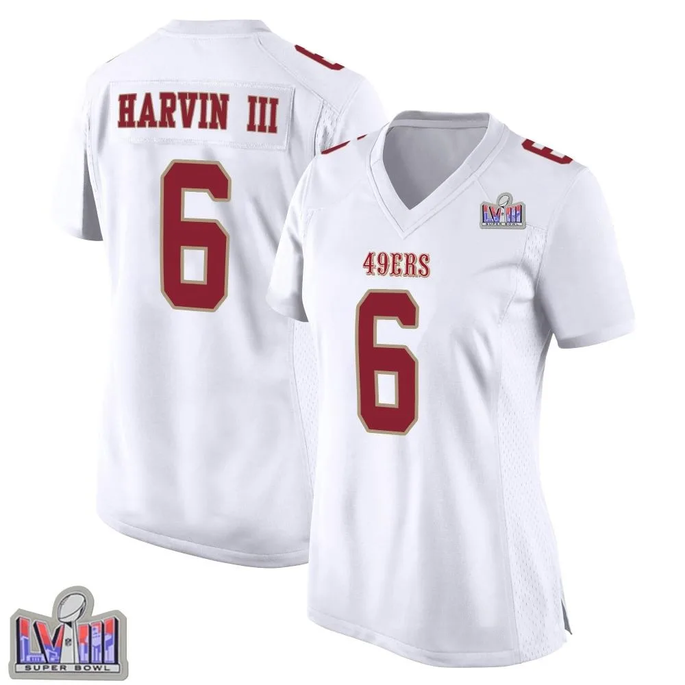 Women's San Francisco 49ers Pressley Harvin Iii Nike Fashion Super Bowl LVIII Patch Game White Jersey Women's San Francisco 49ers Pressley Harvin Iii Nike Fashion Super Bowl LVIII Patch Game White Jersey